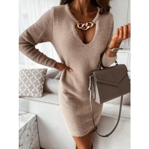 Spring Autumn Womens V Neck With Gold Chain Solid Straight Dress 2021 Long Sleeve Party Thicken Knitted Vestidos WDC6293
