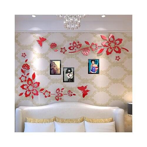Pretty Flower Butterfly Wall Stickers Bathroom 3D TV Crystal Mirror Wall Decor Home Art Wall Room Decoration Accessories