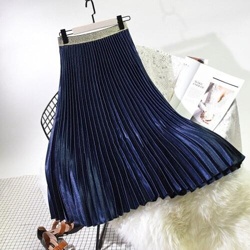 2020 Spring Elegant Pleated Elastic Waist Women Long Female Autumn Ladies High Quality Midi Skirt Saia