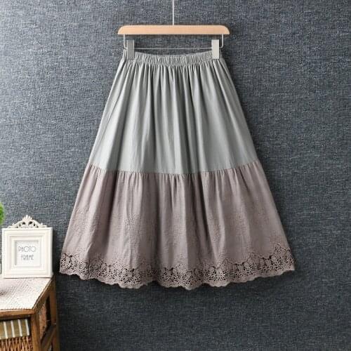 2020 New Spring Autumn Women Skirt Literature Elastic Waist Cotton Loose Lace Embroidery Skirt Women