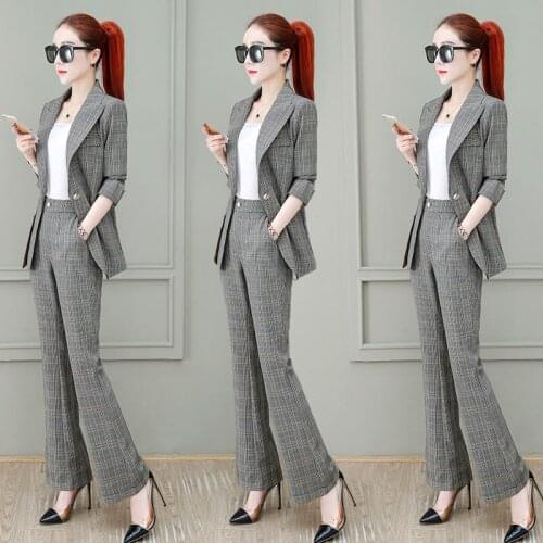 Women Blazer and Flare Pants Suits Two Pieces Long-sleeve Single Button Suit Jacket Formal Suit Long Trousers Spring Autumn X319