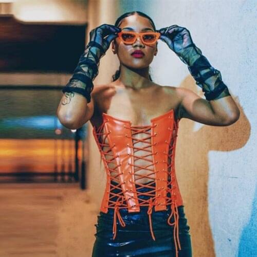 Sisterlinda Women Sexy Backless Hollow Lace Up Bandage PU Leather Y2K Corset Tops Female Tanks Fashion Black Party Clubwear Tees