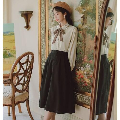 French Retro Two Piece Set Women Bow Tie Lace Cute Chic Irregular Embroidery Lapel Elegant Top+Black Skirt Fashion OL Suits Lady