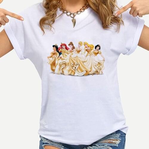 Vogue Women Harajuku Disney Princesses Ariel Snow White Cinderella Aurora Jasmine Gorgeous Dress Print T-shirt Funny Fashion Top