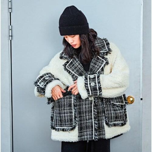 Winter Jacket Women Fashion Plaid Tweed Splice Lambwool Tassel Parka Korean Down Cotton Female Warm Loose Cotton-padded Coat