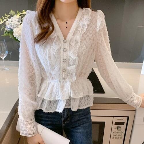 2021 Autumn V-neck Solid Blouses Fashion Women Ruffle Shirts Sexy Lace Blouses Women Long-sleeve Stitching Elegant Wild 16666