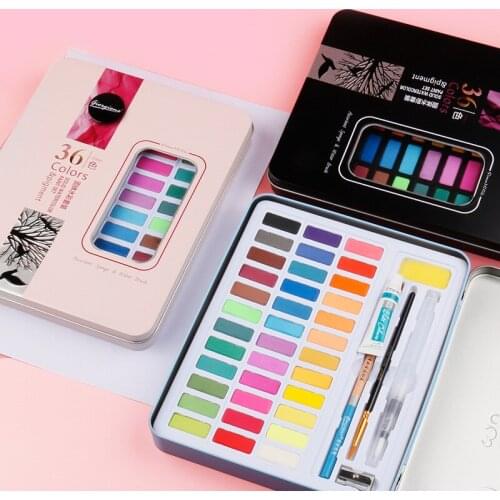 36/48 Color Solid Watercolor Paint Set Portable Metal Box Watercolor Paint Art Supplies Pencil Fountain Pen 9 Piece Set