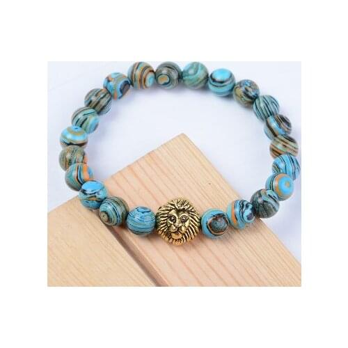 8mm hrg2 adjusted Charm malachite nature stone bead copper lion Bracelet women Healing Balance Prayer Reiki Chakra Buddha Yoga