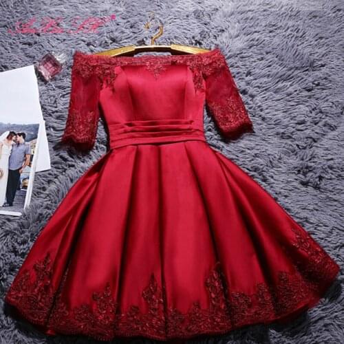 AXJFU princess wine red short satin evening dress luxury white half sleeve evening dress champagne boat neck evening dress