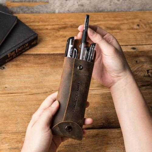 Handmade Big Capacity Crazy Horse Cowhide Leather Pencil Bag Storage Cosmetic Bag Case for Bussiness &School as Gift