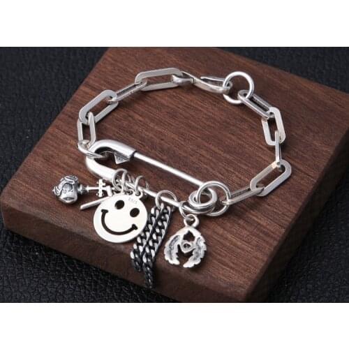 Real 925 Sterling Silver men women heart smile cross charm chain bangle Bracelet jewelry gift A4720