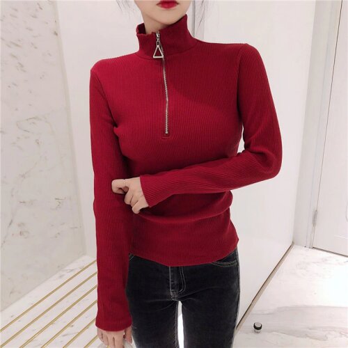 Half High Collar Zippers Long Sleeve Womens Jumpers Vintage Knitted Sweater Fashion Slim Pullover Pull Femme Autumn Winter 2021