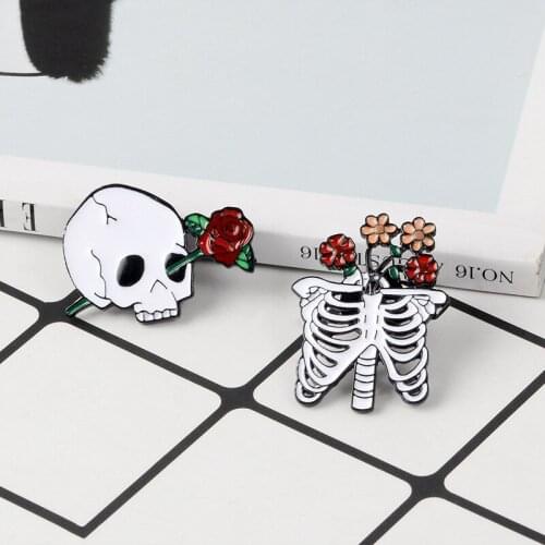 MINGQI Death Love Enamel Pin Skeleton Rib cage Rose Flower badge brooch Lapel pin Shirt bag Collar Halloween Jewelry Accessories
