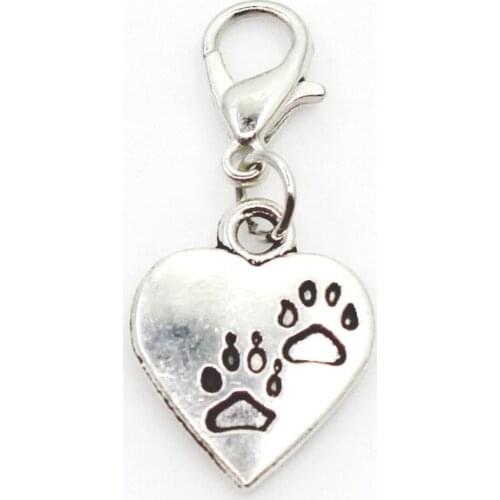 Hot Selling 20pcs/lot Paw Print Heart Dangle Charms Lobster Clasp DIY Bracelet Necklace Pendants Jewelry Hanging Charms