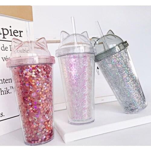 Coffee Cup Straw Cup Plastic Water Cup Straw Cup Gift Cup Cat Ear Flash Double Layer Cup LOGO Customization