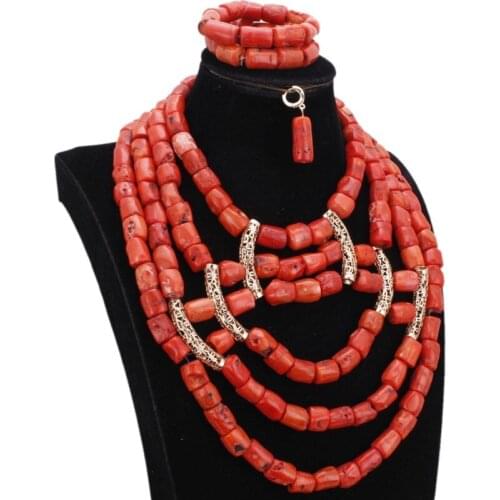 Dudo Sore African Coral Necklace Set 12mm Nature Coral Beads Nigerian Wedding Jewellery Set With Gold Divider Bridal 3 Pieces