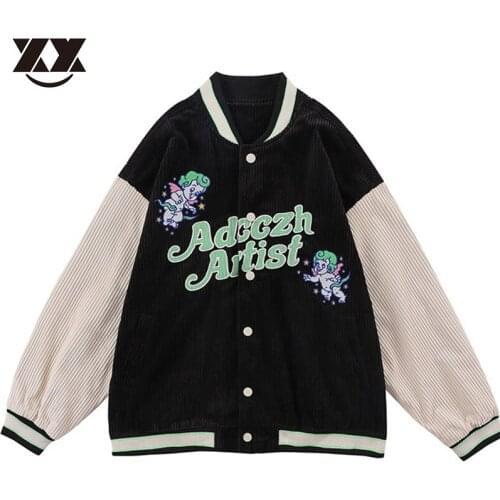 Corduroy Varsity Jackets Men Hip Hop Angel Print Embroidery Baseball Coat Male Streetwear Loose Casual Jacket Vintage Top Unisex