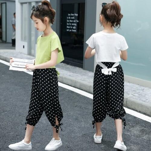 2021 New Summer Dot Girls Clothing Sets Short Sleeve T-shirt+Casual Pants 2pcs Sets Teen Clothes 8 10 12 14 Year Student