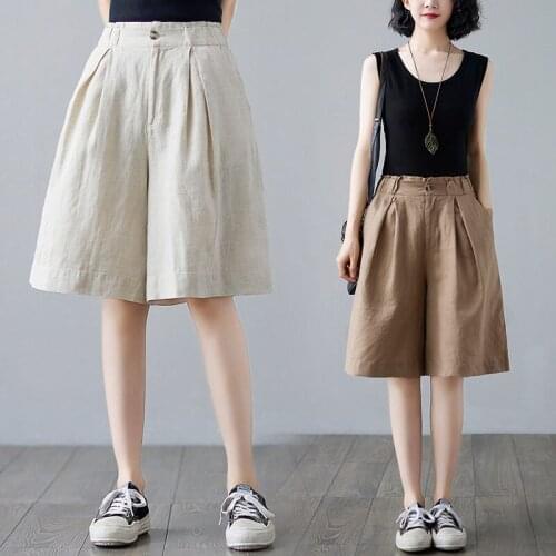Summer Retro Cotton And Linen Shorts Womens Solid Large Size Loose Wide-leg Five-point Pants Ladies High-waist Suit Pant aq1268