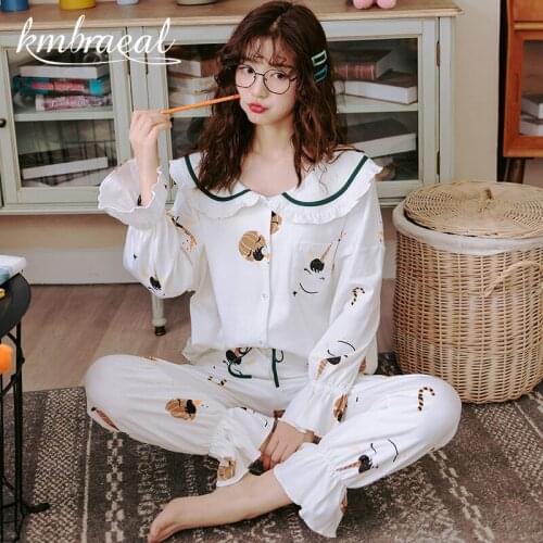 Pajamas Set Women Long Sleeve Sweet Princess Cute Sleepwear Sexy Pure Cotton Autumn 2Piece/Set Home Clothes Female Plus Size 3xl