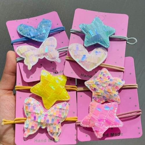 2Pcs Children Star Heart Hair Band Popular Flipped Color Fish Scale Elasticity Hair Circle Multi-layer Sequin Hair Accessories