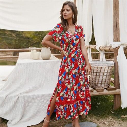 RYFIX 2021 Summer Floral Print sexy V-neck Dress Women long Dress Short sleeves Woman Button Boho Beach Dress Ladies Vestidos