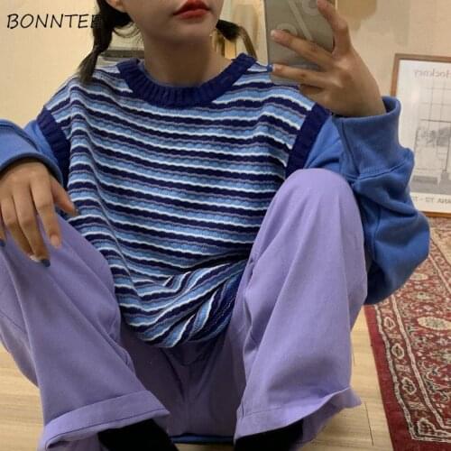 Sweaters Women Oversized BF Style Chic Harajuku Striped Ulzzang Teens Knitted Daily Sleeveless Popular High Street Femme Sweater