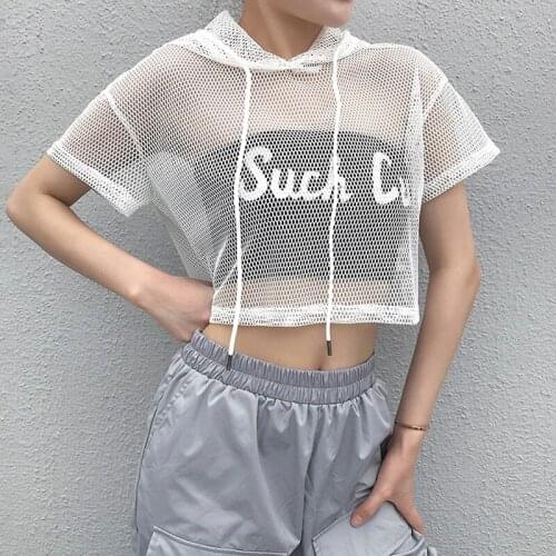 Short Sleeve Blouse Women White Blouse Fishnet Black New Mesh Top Hooded Hollow Out Sexy Punk Rock Short Crop Top