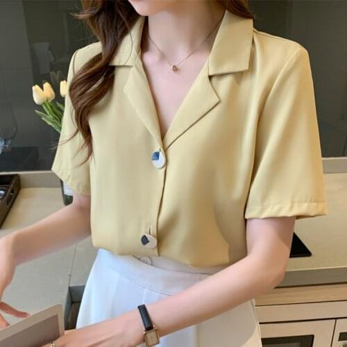 2021 French Retro Top Female V-neck Short Sleeve Simple Chiffon White Blouses Women Solid Blusas Button Up Shirt Harajuku 1051