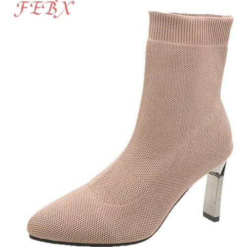 Women Ankle Boots 2021 Female Slip-on Mesh Pointed Toe High Heel Boot Lady Autumn Breathable Concise Outdoor Womens Shoes New