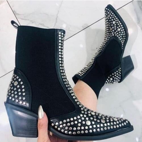 2020 Autumn New Fashion Women Shoes Ankle Boots Sexy Rivet Female Thick Mid Heels Short Boots Black Shoes for Ladies