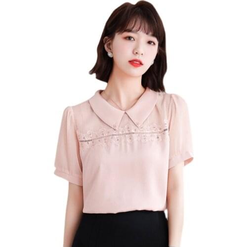 Womens Tops Diamond Lace Chiffon Shirts Summer Fashion Short Sleeve Shirt Doll Collar Top Blusas De Mujer