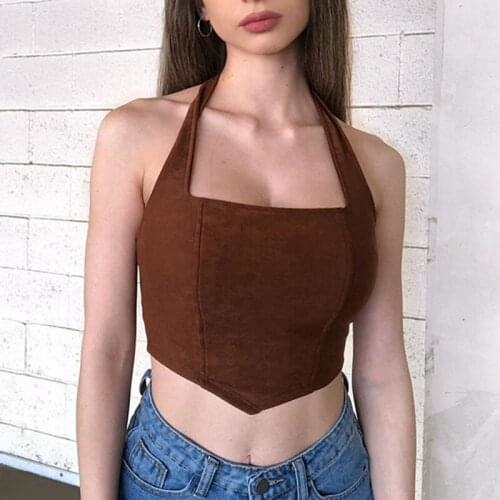SEASONS Brown Backless Knitted Crop Top Women Vintage Casual Sleeveless Halter Tanks Camis Tops Tees Fashion Summer ASVE83451