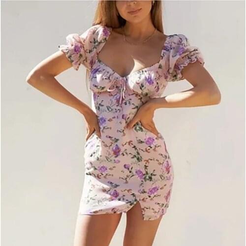 WYWMY 2021 New Summer Womens Dress Slash Neck Puff Sleeve Bohemian Dress Temperament Sweet Split Shoulder Lace Up Short Dresses