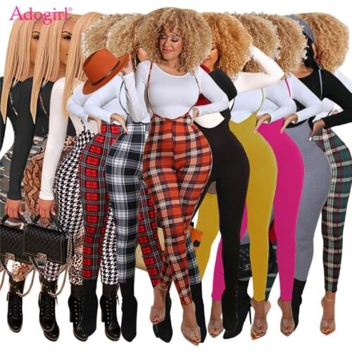 Adogirl Women Plaid Jumspuit Long Sleeve T Shirt Set Spaghetti Straps Pencil Pants Female Casual Suspender Slim Overall Trousers