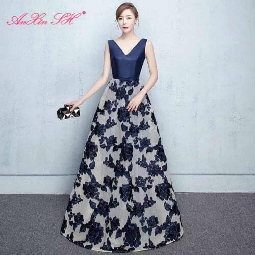 AXJFU princess navy blue satin flower evening dress party v neck beading flower sleeveless long red flower evening dress
