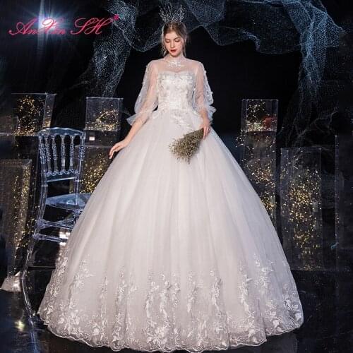 AnXin SH princess flower white lace wedding dress vintage high neck beading crystal half sleeve sparkly bride wedding dress