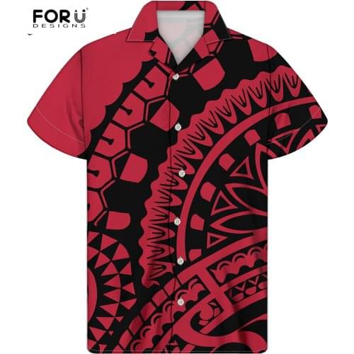 FORUDESIGNS Red Tops Hawaiian Beach Holiday/Vacation Loose Men Oversized Tees Traditional Tribe Prints Casual Stand Shirts