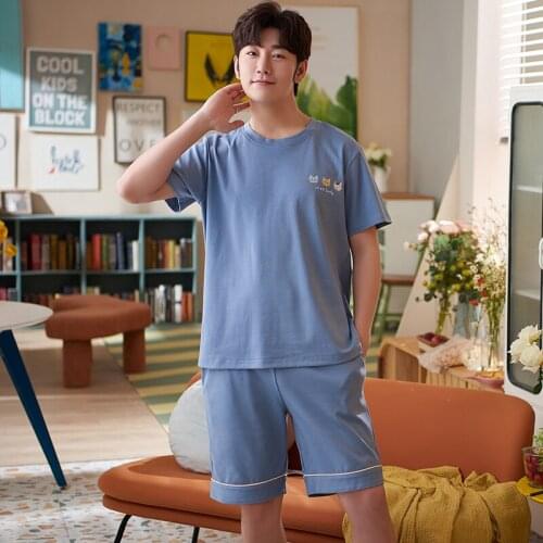 Men Pajamas Set Summer Cotton Plus Size L-3XL Mens Sleepwear Fashion Blue Refreshing Cartoon Short Sleeve Casual Homewear Male