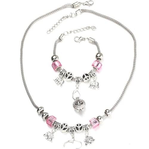 6 Colors Elephant Necklace Bracelet Set Fine Bead Hollow Chain Beaded Bracelet With Hook DIY Making Necklace Jewelry 054