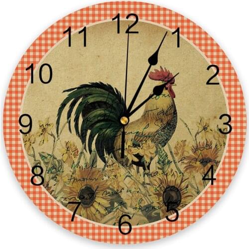 Rooster Sunflower Plaid Background Wall Clock Modern Design Home Decor Silent Wall Clock Living Room Decor Wall Clock
