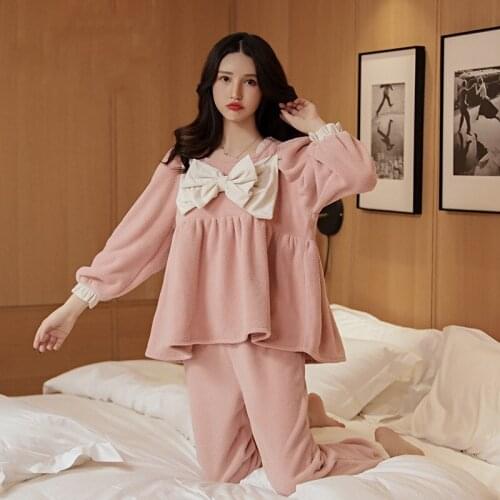 Sleepwear Suit Winter Women Bowknot V Collar Sweet Cute Corduroy Loose Thermal Comfort Soft Homewear Ladies Pamajas Sets