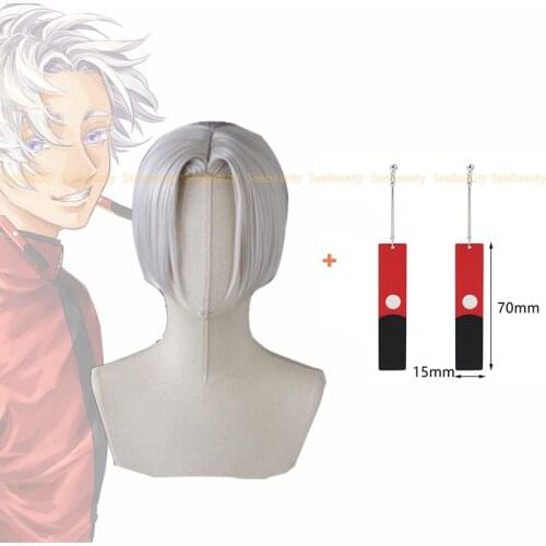 Anime Tokyo Revengers Izana Kurokawa Cosplay Wig with Earrings Tenjiku Silver White Short Wig Heat Resistant Hair + Wig Cap