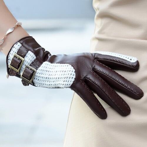 Sheepskin Gloves Lady Autumn Winter Fashion Thermal Leather Gloves personality Knitted Leather Gloves Thin Style Female W-11