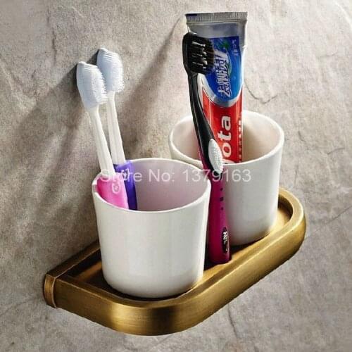 Retro Vintage Brass Bathroom Bath Tumbler Holder with Double Ceramics cup Wall Mounted aba177