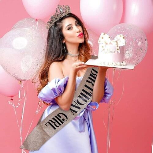 Pink Girl Crown+Shoulder Strap Birthday Girl Queen Rose Gold Party Decoration Props Ribbon Hair Accessories Set Gift