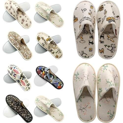 Hot Sale Slippers Women Men Fashion Printed Linen Autumn Winter Slippers Hotel Room Indoor Beauty Salon Slippers Owl Shoe Leaf