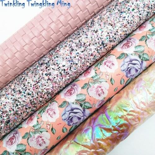 Mixed Pink Chunky Glitter Leather, Flowers Printed faux Fabric, Weaving Leather Sheets For Bow A4 21x29CM Twinkling Ming KM002