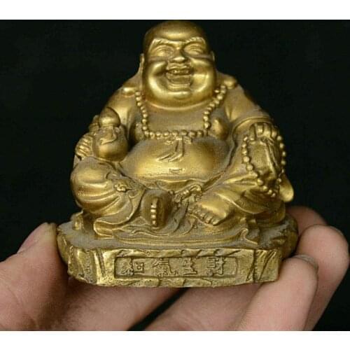 Old China Buddhism Temple Copper Bronze Happy Laugh Maitreya Buddha Gourd Staute Statues for Decoration Collection Ornaments