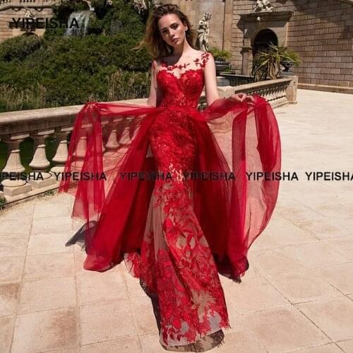 Yipeisha Jewel Red Lace Mermaid Prom Dress Detachable Train Evening Gown Long Cap Sleeves Plus Size Formal Party Dresses